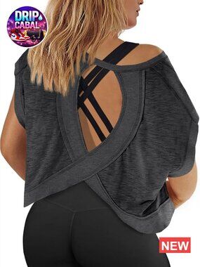 Plus Size Open Back Crop Top Short Sleeve Athletic Shirt Running Yoga T-Shirt